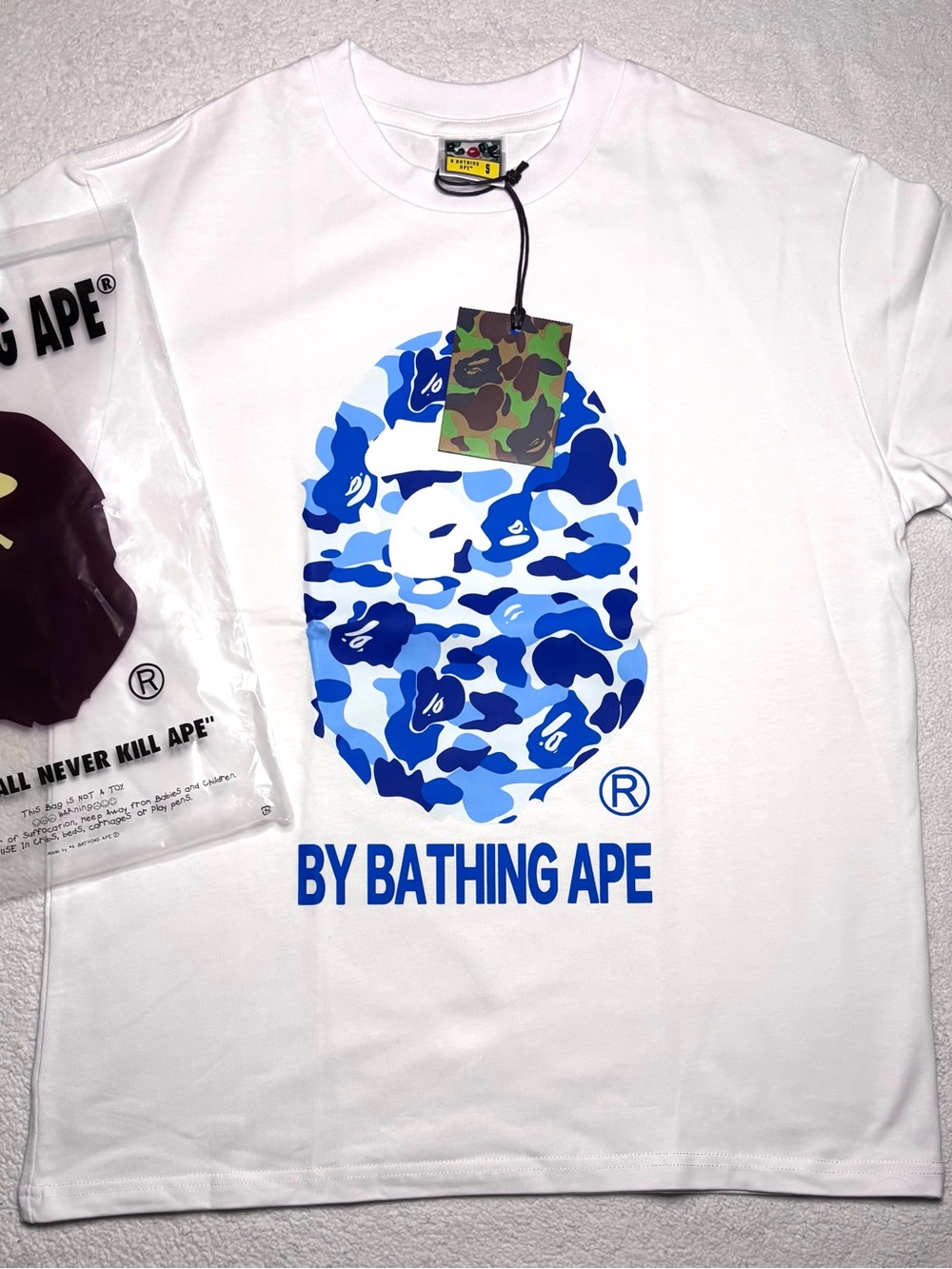 Bape White Short Sleeve Tee with Blue Camo Ape Head